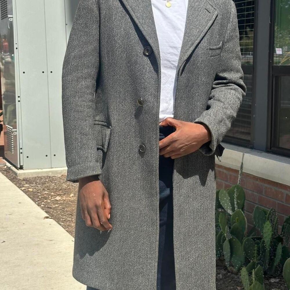vintage black gray herringbone wool trench